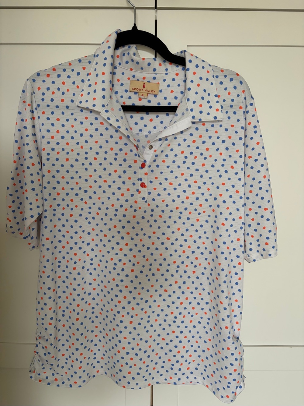 Sport Haley White Polo with Blue and Coral Dot Print